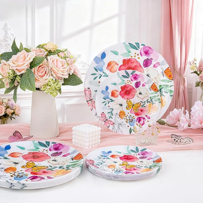 DaYammi 20Pcs Plastic Plates with Watercolor Floral-Disposable Plates Heavy duty Watercolor Floral & Butterfly Plastic Plate 10.25in Dinner plates and 7.5in Dessert plates for Valentine's Day Party