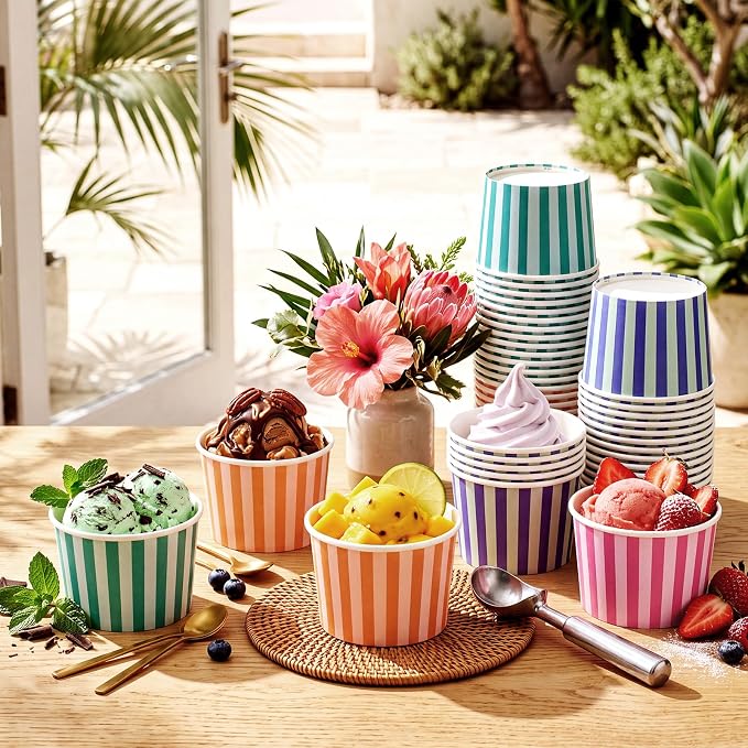 CHENGU 60 Pcs 9 oz Summer Striped Paper Snack Cups Disposable, Colorful - Image 7