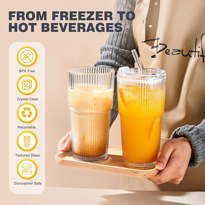 Wells 20oz Glass Cups with Lids and Straws, Ribbed Iced Coffee Cups, Thickened - Image 6
