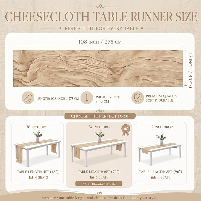 2 Pack Beige Cheesecloth Table Runner 17x108 Inch Boho Rustic Semi Sheer Gauze - Image 3