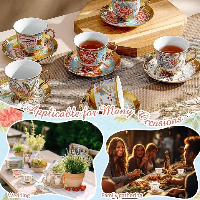Teenyyou Set of 18 Tea Cups and Saucers Tea Party Decorations Floral Porcelain - Image 6