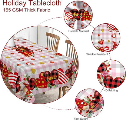 Valentines Day Tablecloth, Valentines Tablecloth Rectangle 52 x 70 with Red Heart and Roses, Valentines Oblong Table Cloth Gnome Holiday Kitchen Table Cover for Dining Room Indoor Decor