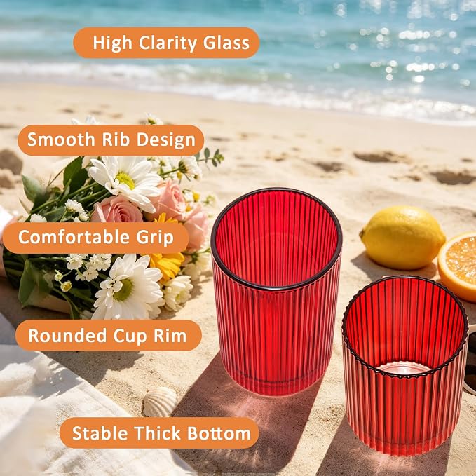 14 oz & 18 oz Ribbed Drinking Glasses Set of 12, Vintage Iced Coffee Cups - Image 5
