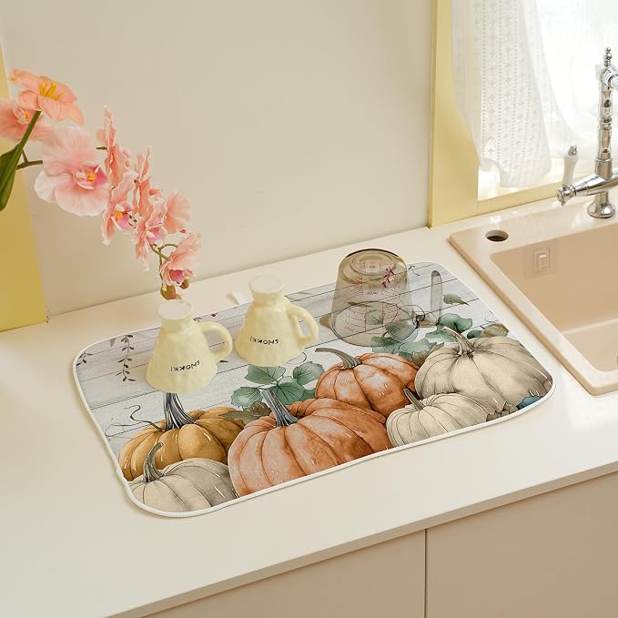 Fall Pumpkin Dish Drying Mat for Kitchen Counter 18x24 Thanksgiving Watercolors - Image 4