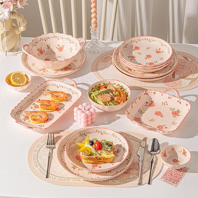 Ceramic Dinnerware Set, Floral Plates and Bowls Sets, Microwave & Dishwasher - Image 5