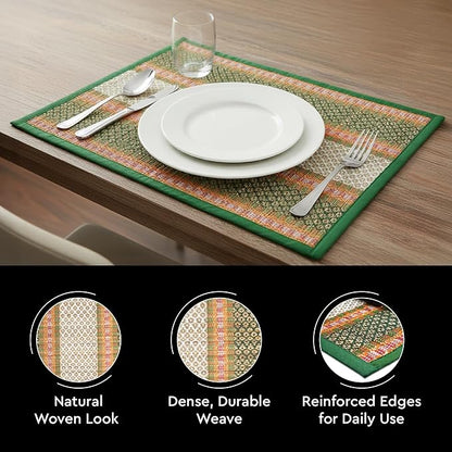 Encasa XO Woven Green Placemats Set of 4 – 12" x 17" | Handwoven Madurkathi Grass Table mats for Dining Table, Kitchen & Outdoor Decor | Durable & Heat‑Resistant