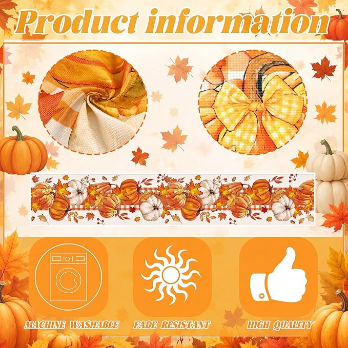 Gilprop 3 Pcs Fall Table Runners Pumpkin Tablecloth, 13x72 Inch | Farmhouse - Image 4