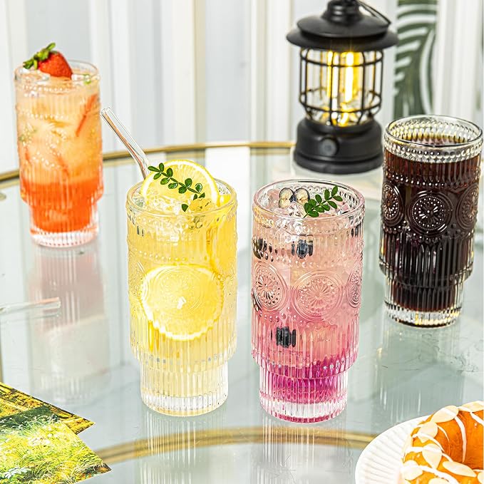 SoulTimes 4 Pack Large 16oz Ribbed Glassware Set, Flower Design Stackable Glass - Image 3