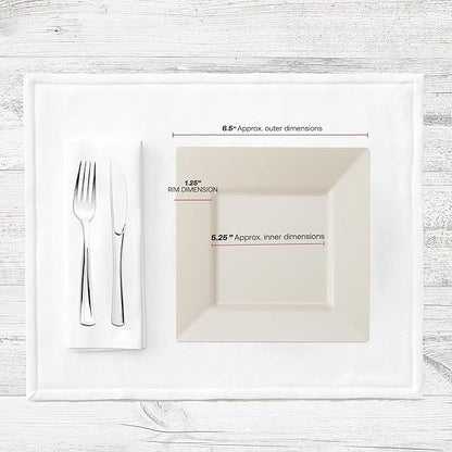 Smarty Had A Party 120 Disposable Plastic Dessert Plates, 6.5" Heavy Duty Square Ivory Salad Plates for Appetizers, Cakes, and Events, Bulk Supplies for All Occasions