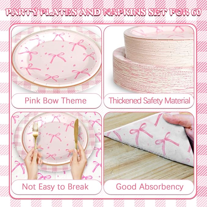 180Pcs Pink Bow Party Supplies Paper Plates and Napkins Serve 60 | Disposable - Image 3
