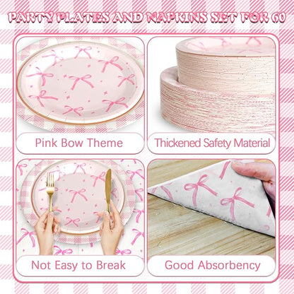 180Pcs Pink Bow Party Supplies Paper Plates and Napkins Serve 60 | Disposable - Image 3