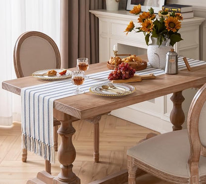 Caflife Boho Table Runner 60 Inchs Long Blue and Beige, Cotton and Linen Woven - Image 7