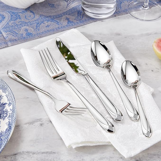 KEAWELL Premium Astra Flatware Set, 45-Piece Silverware Set for 8, Mirror-Finished 18/10 Stainless Steel, Modern Cutlery Dishwasher Safe for Meals and Gatherings (45, Silver)