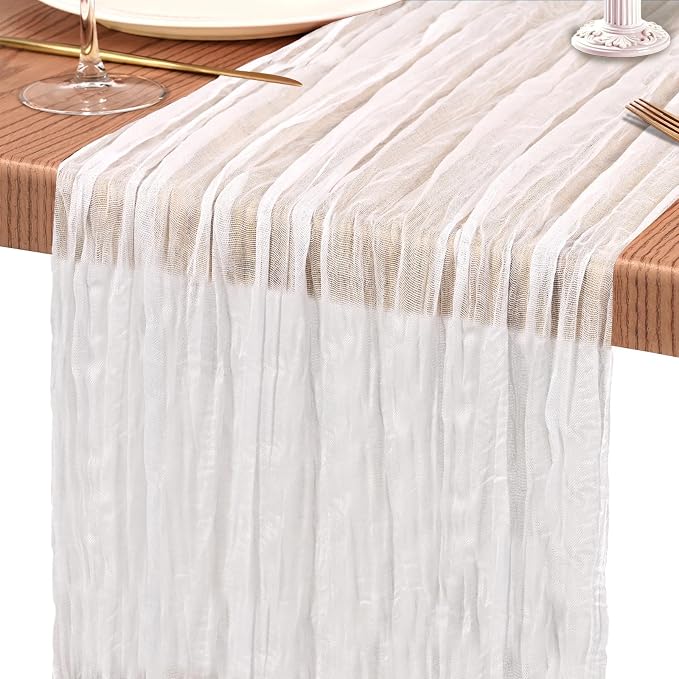 Showgeous 2 Pack White Cheesecloth Table Runners Boho Wedding Decor | Rustic - Image 9