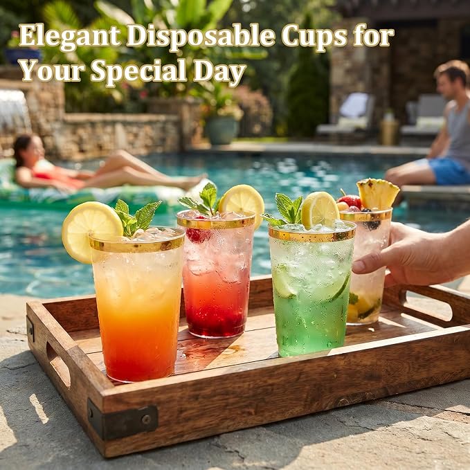 DaYammi 200 Pack Gold Plastic Cups 10 Oz Clear Cup Gold Rimmed Disposable Wine - Image 7