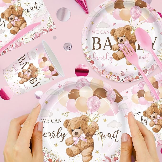 168pcs We Can Bearly Wait Bear Baby Shower Plates Napkins - Image 4