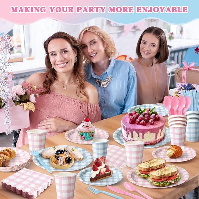 Vyntra 350 Pcs Pink & Blue Gingham Paper Plates and Napkins Set - Image 2
