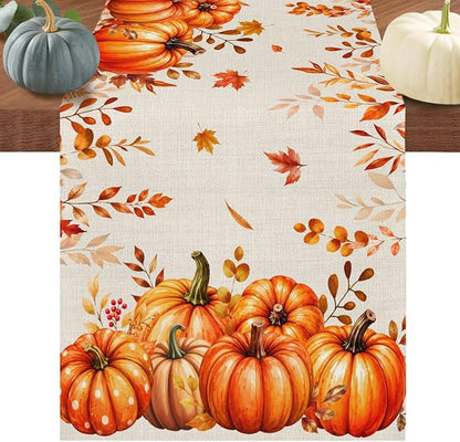Orange Pumpkins Table Runners 72 Inches Long, Fall Thanksgiving Cotton Linen by Edwiinsa