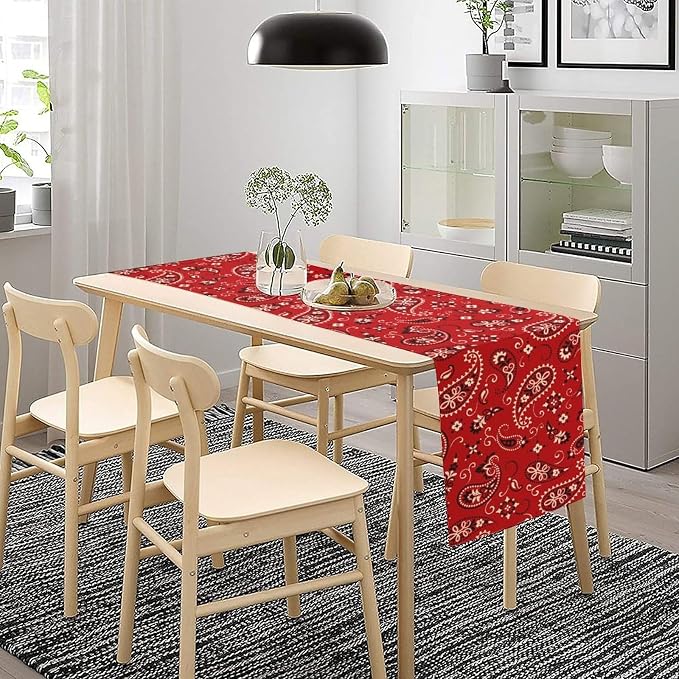Paisley Table Runner, Boho Vintage Western Red Paisley Flower Print Table Runner - Image 3