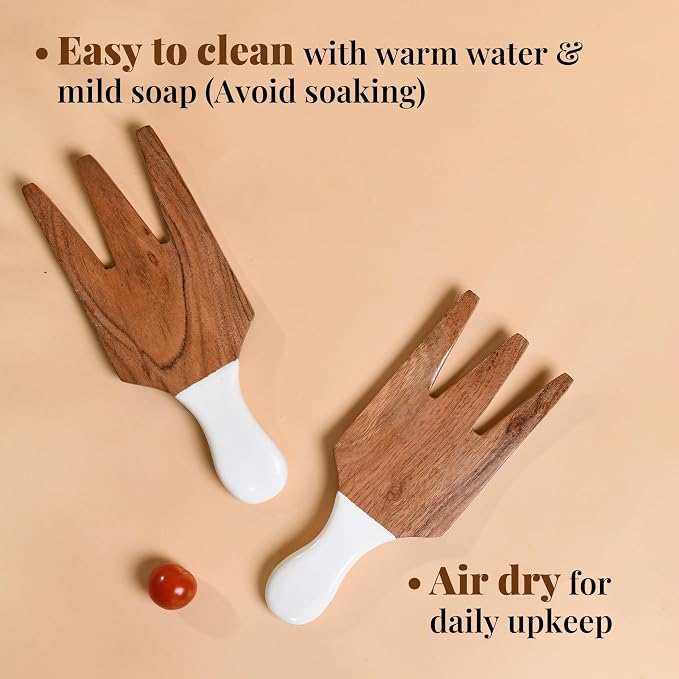 Folkulture Salad Hands or Set of 2 Acacia Wood Salad Servers, Salad Tongs Set - Image 6
