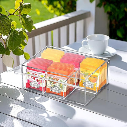 Amazing Abby - Tea-Rrific - Acrylic 6-Compartment Tea Bag Organizer, Clear Plastic Tea Box, 6-Slot Tea Chest, Perfect Tea Storage Solution for Kitchen Cabinet, Countertop, Pantry, and More