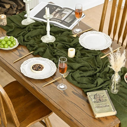 Artoid Mode 6PC Boho Cheesecloth Gauze Olive Green Wedding Table Runner - Image 4