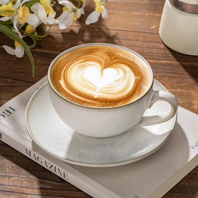 Porcelain Coffee Cup with Saucer, 10 oz Vintage Design Ceramic Latte Art - Image 5