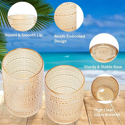 Amber Hobnail Beaded Drinking Glasses Set of 12, 12 oz & 15oz Vintage Glassware - Image 2