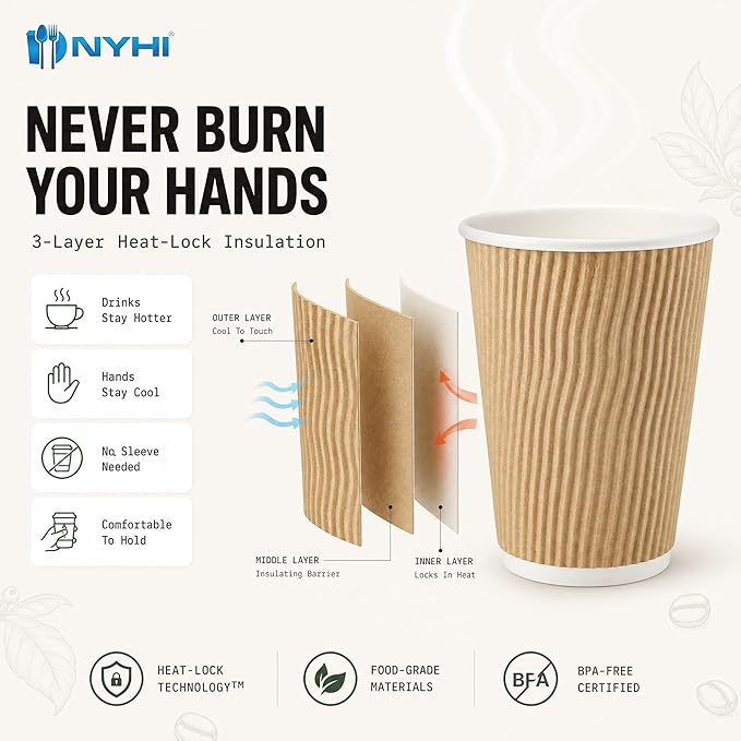 NYHI 150 10 oz Ripple Kraft Paper Cups Brown Hot Cold Cups 3 Layer Rippled - Image 2