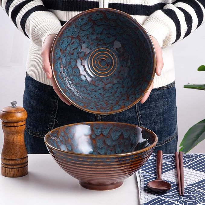 Ceramic Japanese Ramen Bowl Set, 2 Sets Asian Pho Udon Soup Noodle Bowls - Image 7