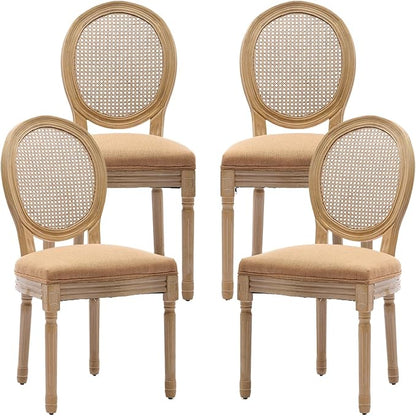 Vintage French Rattan Dining Chairs Set of 4, Round Back Accent Chairs with Rattan Backrest and Upholstered Linen Seat, Solid Wood Frame Sillas de Comedor for Dining Room & Kitchen, Camel