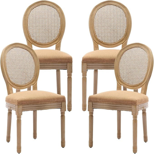 Vintage French Rattan Dining Chairs Set of 4, Round Back Accent Chairs with Rattan Backrest and Upholstered Linen Seat, Solid Wood Frame Sillas de Comedor for Dining Room & Kitchen, Camel