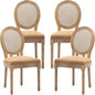 Vintage French Rattan Dining Chairs Set of 4, Round Back Accent Chairs with Rattan Backrest and Upholstered Linen Seat, Solid Wood Frame Sillas de Comedor for Dining Room & Kitchen, Camel