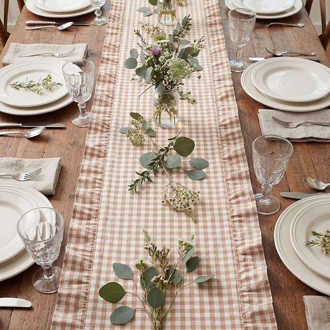 HunnmingRe 1 Pc Gingham Table Runner Brown, 118 X 13.8 Inch | Cotton Dresser - Image 6