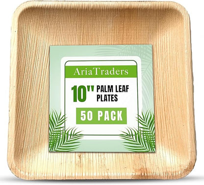 Palm Leaf Plates 10 Inch (50-Pack), Square Bamboo Plates Disposable, Heavy Duty Compostable & Biodegradable Wooden Plates for Party, Catering Events, Weddings, & Dinnerware