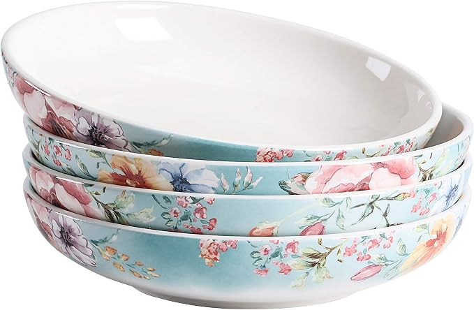Bico Margret's Garden Pasta Bowls, 35oz Salad Bowl Set of 4, Large Ceramic by Bico
