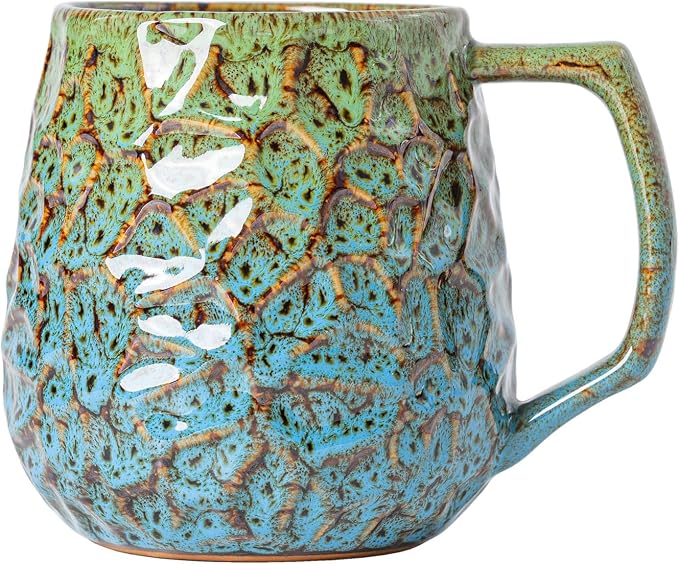 18oz Unique Kiln-Change Ceramic Coffee Mug, Handcrafted Hammered Texture by XIYUANJI