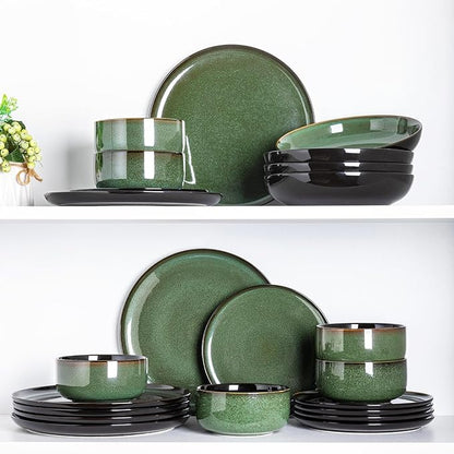 LERATIO Ceramic Dinnerware Set for 4, Poreclain Plates, Bowls, Handmade Reactive Glaze Dishes, Chip Resistant, Oven & Dishwasher Safe, Service for 4