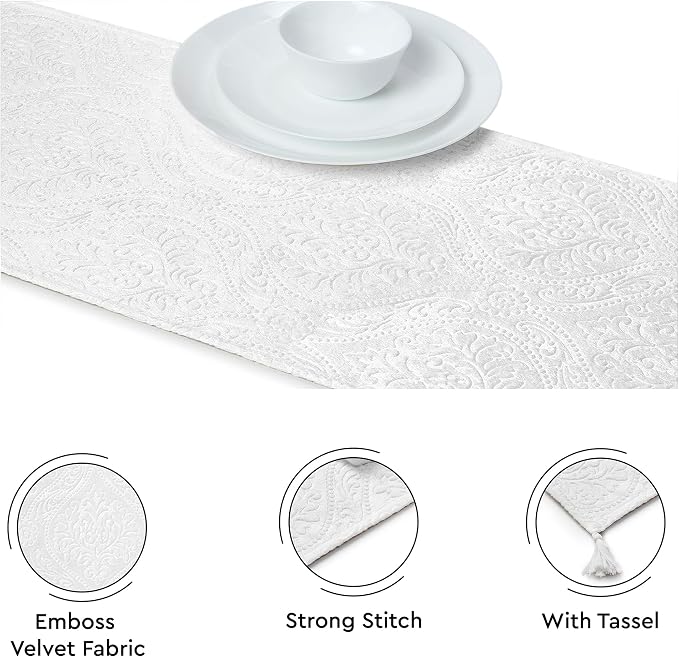 Encasa XO Table Runner, Embossed Velvet, Elegant 13"x94" | White, 175 GSM - Image 3