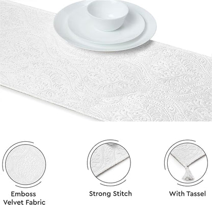 Encasa XO Table Runner, Embossed Velvet, Elegant 13"x94" | White, 175 GSM - Image 3