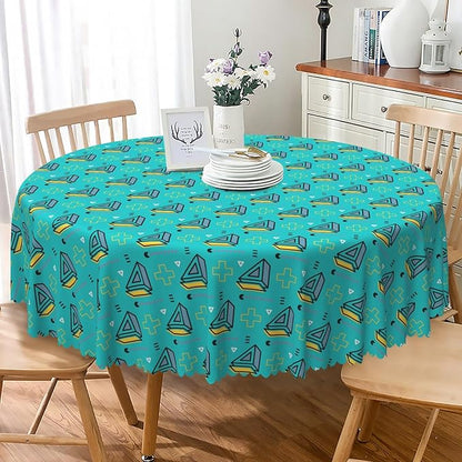 Laeacco 54 Inch Geometric Round Tablecloth Turquoise Triangle Pattern Modern Abstract Art Print Table Cloth Washable Waterproof Wrinkle Free Table Cover for Kitchen Dining Picnic Party Decoration