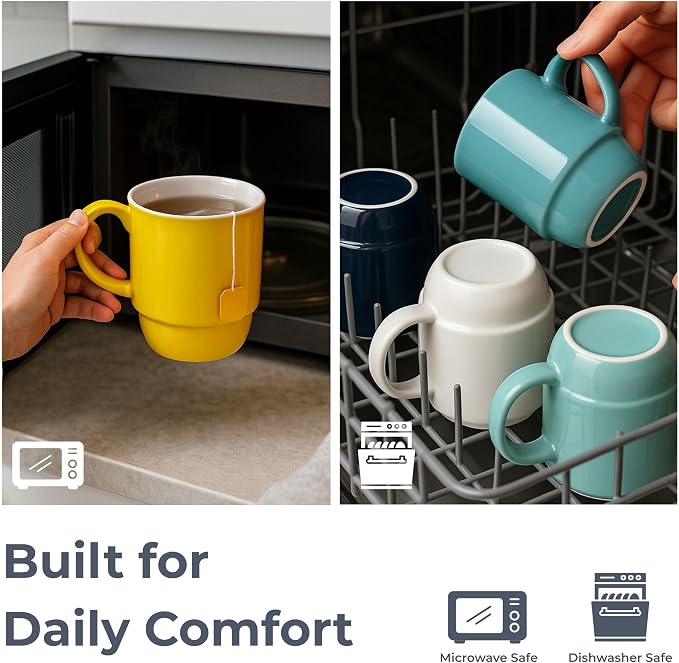 Stackable Porcelain Coffee Mug Set of 4 – 16oz Large Handle, Space-Saving - Image 4