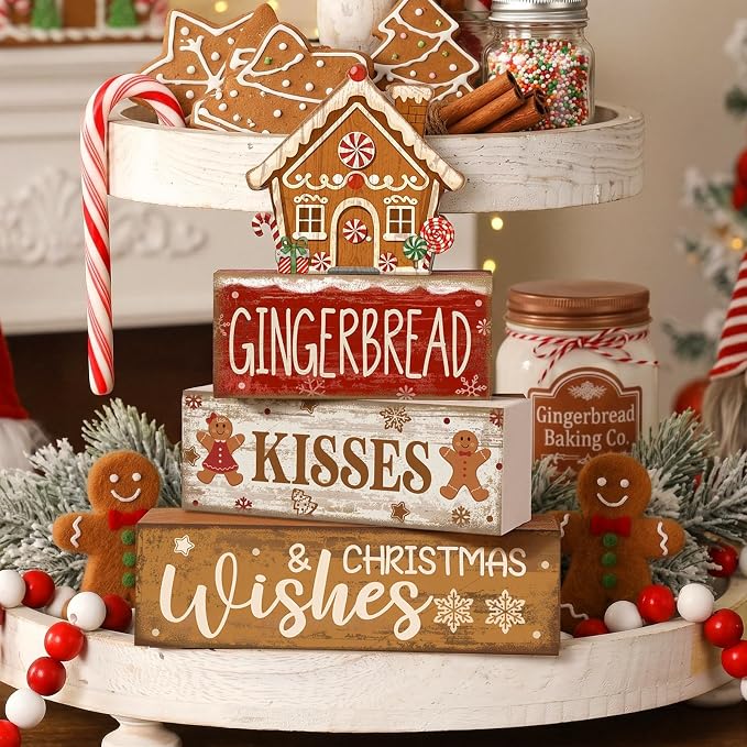 Moucuny 4 Pcs Christmas Table Decoration Gingerbread House Wooden Stacked Block - Image 4