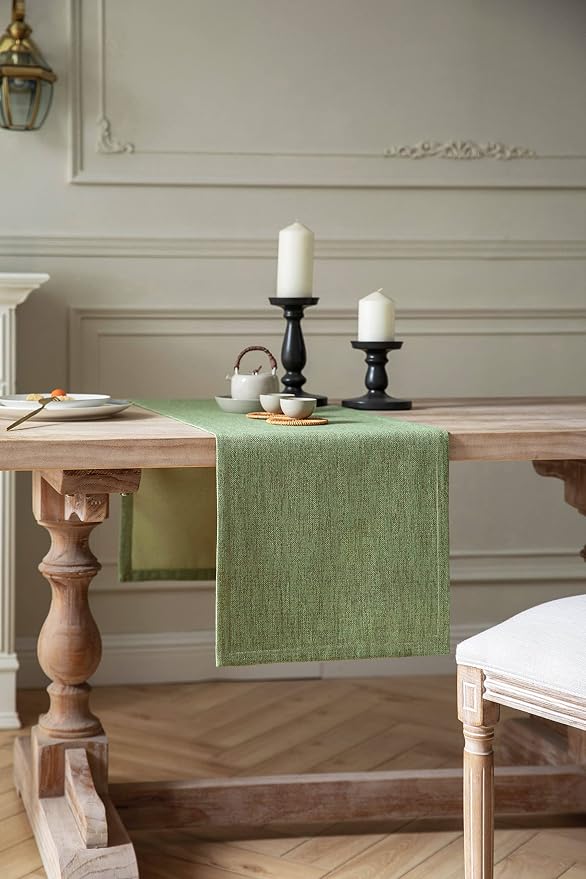 Burlap Style Farmhouse Table Runner, 14x60 Inches Grass Green | Thick Durable - Image 2