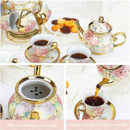 20 Pcs Porcelain Tea Set with Metal Holder, European Ceramic Tea Set - Image 5