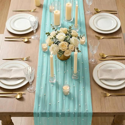 Artoid Mode Pearl Turquoise Gauze Table Runner 120 Inch 10FT, Seasonal Sheer Dining Holiday Wedding Birthday Baby Shower Table Decor for Home Party