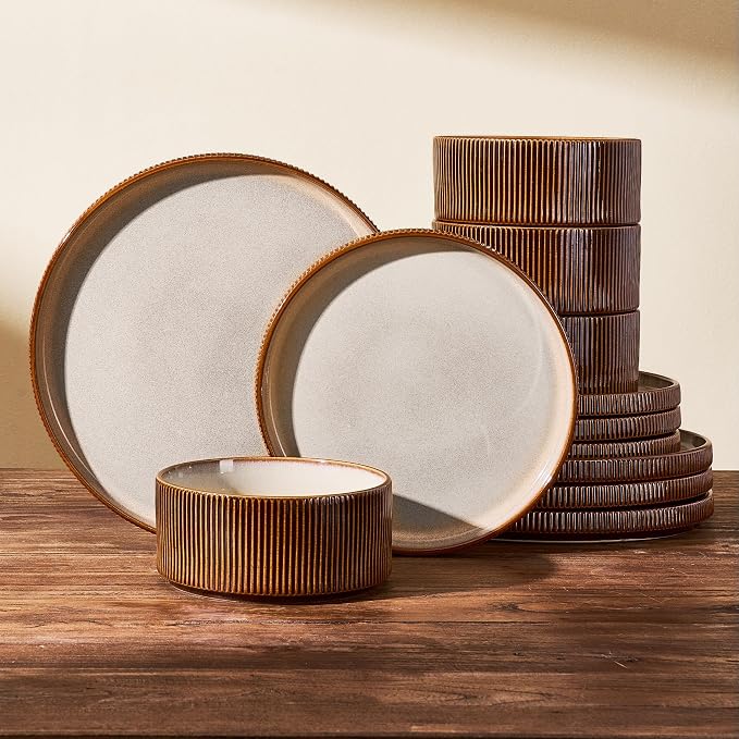 Stoneware Dinnerware Set for 4, Cream Brown Reactive Glaze | 12 pcs Ceramic by FamiwarePremium