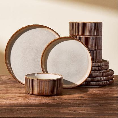 Stoneware Dinnerware Set for 4, Cream Brown Reactive Glaze | 12 pcs Ceramic by FamiwarePremium