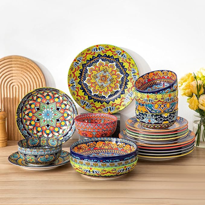 vancasso Pasta Bowls Set of 4, 42oz Ceramic Salad Serving Bowls, Bohemian | - Image 9