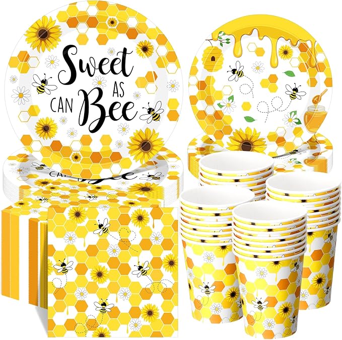 Funnymoom 250 Pcs Bee Party Decoration Sweet as Can Bee Paper Plates Napkins by Funnymoom